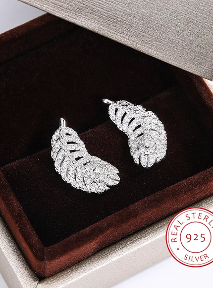 KissIcon 925 Silver Plated Feather Earrings - Zircon Shine