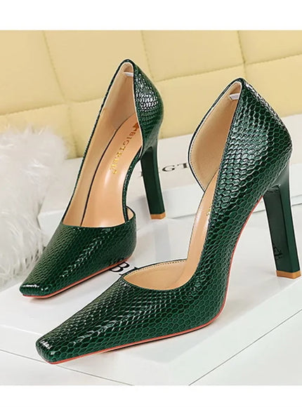 Woman Vintage Snake Print Pumps Square Toe Patent
