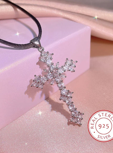 KissIcon Cubic Zirconia Cross Necklace - 925 Silver Plated