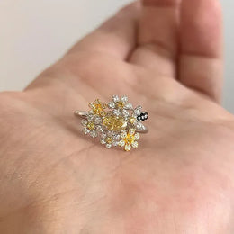 KissICON Silver / resizable Yellow Diamond Small Floral Ring Luxurious and High-end Feel Open Index Finger Ring Simple Socialite Style Jewelry Accessories