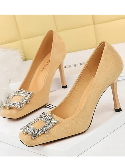 Fashion Women High Heels Metal Rhinestone Buckle Square