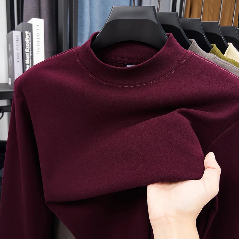 2026 New Men's Casual Solid Color High Collar Velvet Long Sleeve T-shirt Spring and Autumn Versatile Comfortable Top