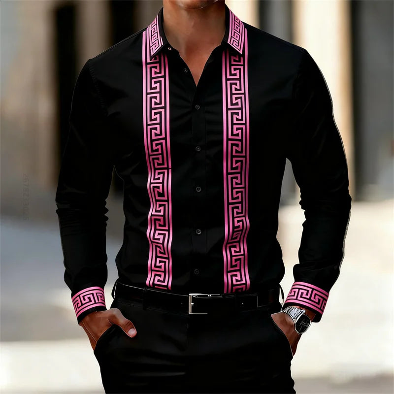 Men's Retro Geometric Print Shirt, Stylish Long-Sleeve Black Shirt, Business Casual Men's Top, Multiple Colors Available, XS-6XL