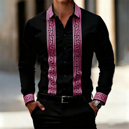 Men's Retro Geometric Print Shirt, Stylish Long-Sleeve Black Shirt, Business Casual Men's Top, Multiple Colors Available, XS-6XL