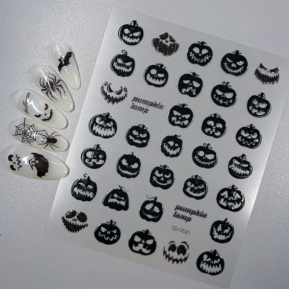 5D Skeleton Bat Halloween Nail Art Stickers y2k Black Bat White Skull Adhesive Emobossed Nail Decorative Decals Halloween Slider