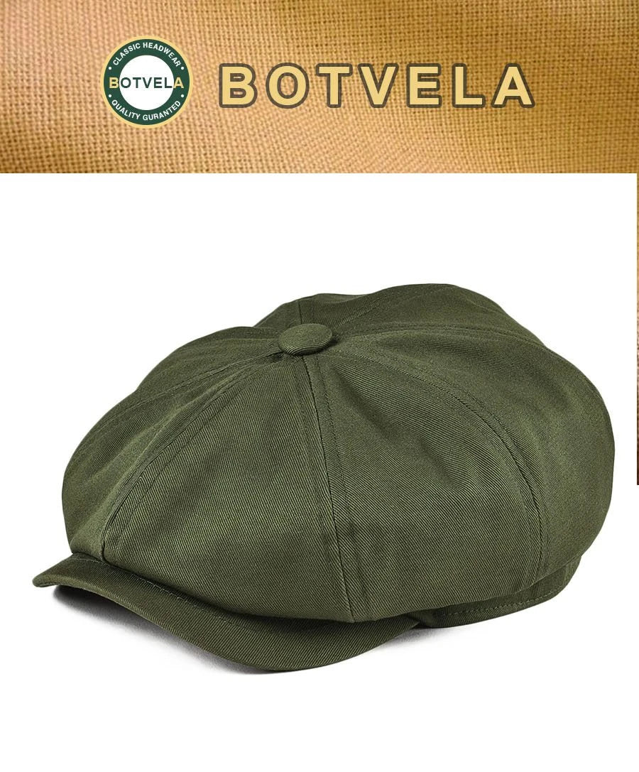BOTVELA Men's Newsboy Cap Twill Cotton 8 Panel Hat Flat Ivy Cabbie Casual Baker Caps Gatsby Hat Retro Hats Boina Beret for Male