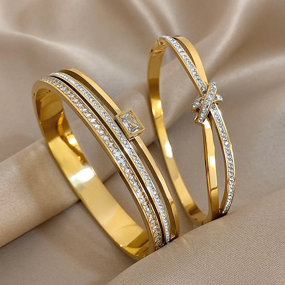 Luxury Stainless Steel Cuff Bracelet Bangle Set for Women Men Gold Plated Bracelets Inlaid White Rhinestone Wide Bangles Gift