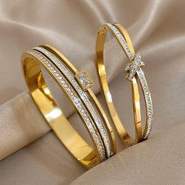 Luxury Stainless Steel Cuff Bracelet Bangle Set for Women Men Gold Plated Bracelets Inlaid White Rhinestone Wide Bangles Gift