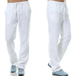 Men's Cotton Linen Trousers Men's Autumn New Breathable Leisure Solid Colour Drawstring Elastic Waist Running Trousers