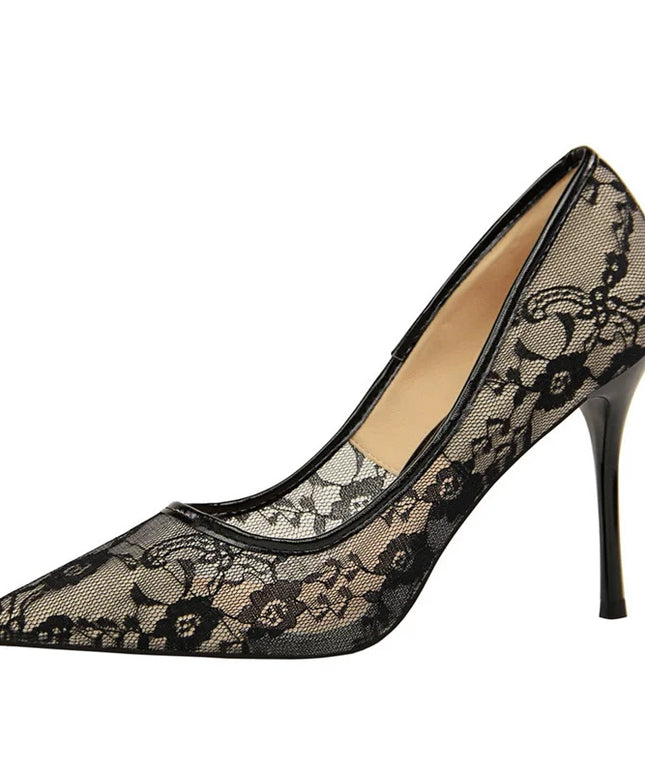 2024 Black Flower Lace Mesh Pumps Women Pointed