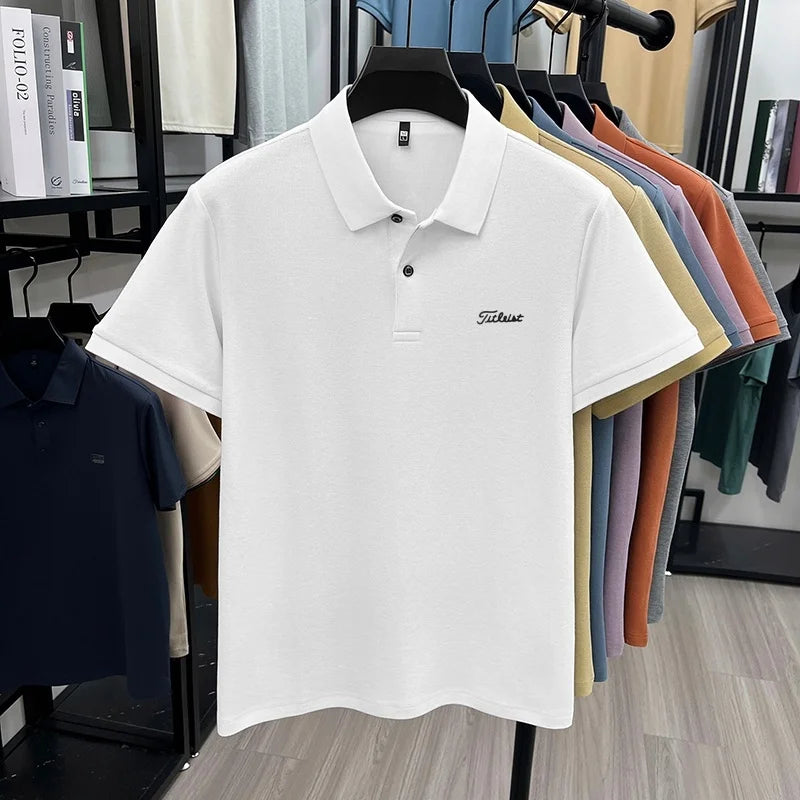 Men's Summer New Cotton 100% Short-Sleeved Polo Shirt, Collar Brand Printed T-Shirt, Breathable Casual Business Men's Clothing