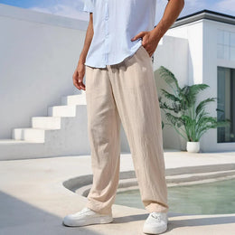 Men's Cotton Linen Pants Straight Leg Lightweight Breathable Comfortable Trousers Beach Style Solid Color Casual Cozy Sweatpants