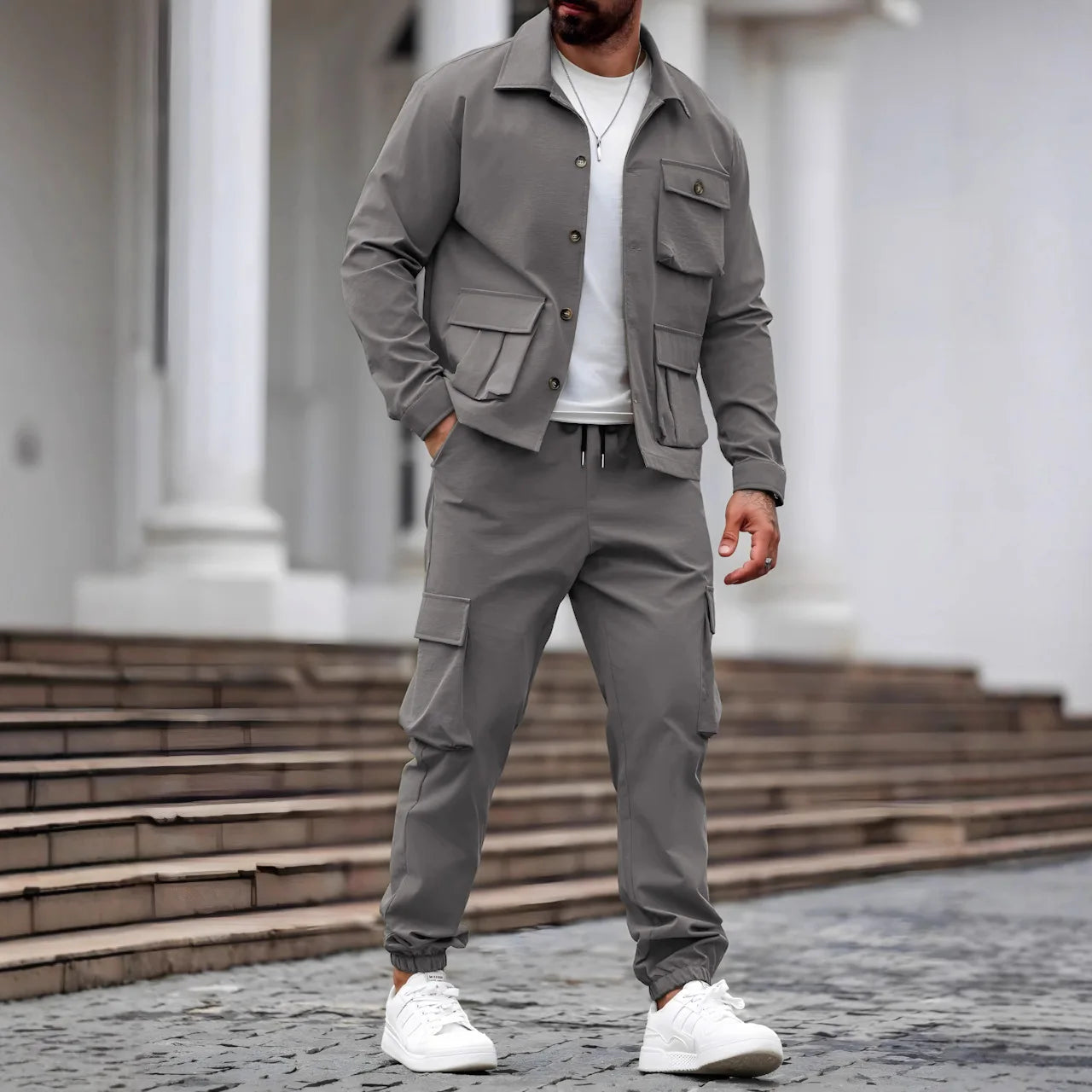 Spring and Autumn Men's fashionable new sporty workwear style solid color multi-pocket design long-sleeved long pants set