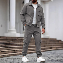 Spring and Autumn Men's fashionable new sporty workwear style solid color multi-pocket design long-sleeved long pants set