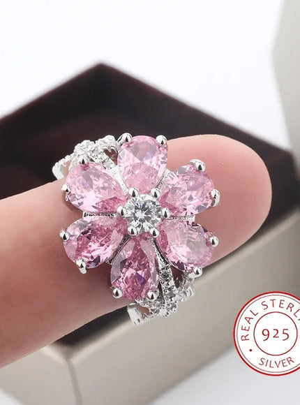 KissIcon Zircon Ring Pink Flower Peach 925 - Elegant Bloom