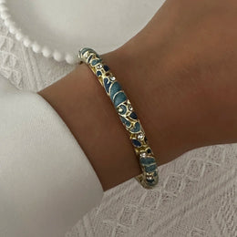 Elegant Enamel Dropped Glaze Flower Texture Bracelet For Women Retro Gold Plated Evil Eye Floral Zircon Bangle Party Jewelry