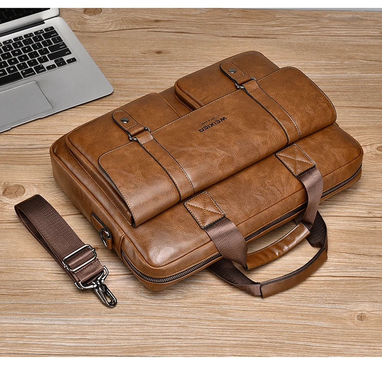 Mens Business Briefcase Large Capacity PU Leather Laptop Bag Fashion Crossbody Shoulder Tote Bag for Work Office