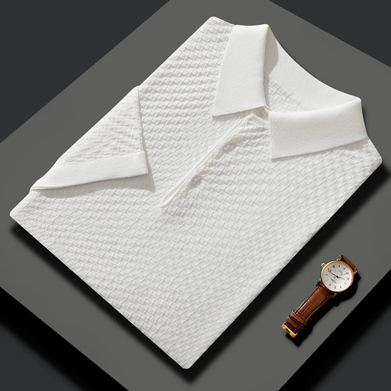 Business High-End Quality Men's Silk Pullover Short Sleeved POLO Neck Solid Color Breathable T-Shirt Knit Bottom Top 2023 Summer