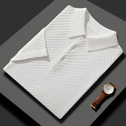 Business High-End Quality Men's Silk Pullover Short Sleeved POLO Neck Solid Color Breathable T-Shirt Knit Bottom Top 2023 Summer