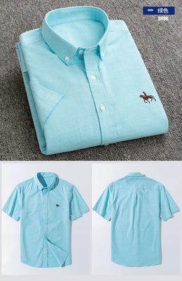 100% Cotton Oxford Shirt Men's Summer short sleeved Sleeve Embroidered Horse Casual Without Pock et Solid Shirt Plus Size S-6XL