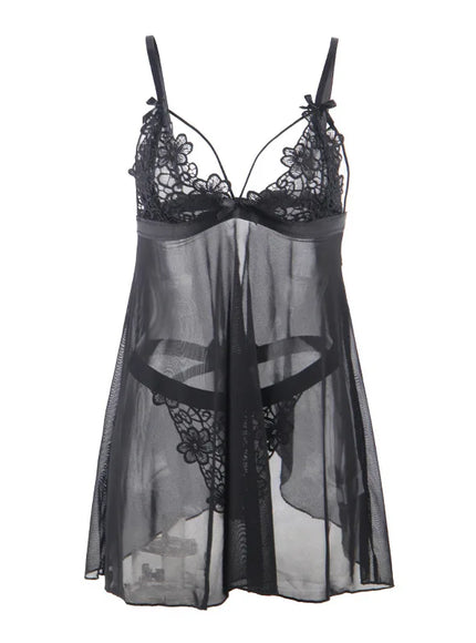 Plus Size Sexy women black mesh transparent babydoll chemise nighgown sleepwear lingerie Set from M-5XL