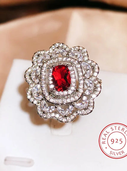 KissIcon Luxury Dark Red CZ Ring For Brides - Floral Design