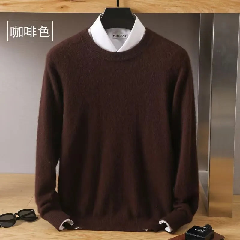 Autumn Winter New Men's Sweater Round Neck Loose Pullover Knitted Sweater Casual Solid Color Thickened 100% Mink Cashmeresweater
