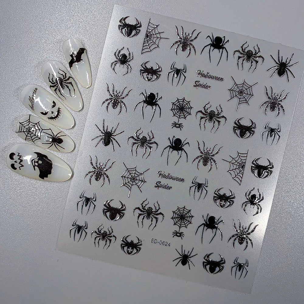 5D Skeleton Bat Halloween Nail Art Stickers y2k Black Bat White Skull Adhesive Emobossed Nail Decorative Decals Halloween Slider