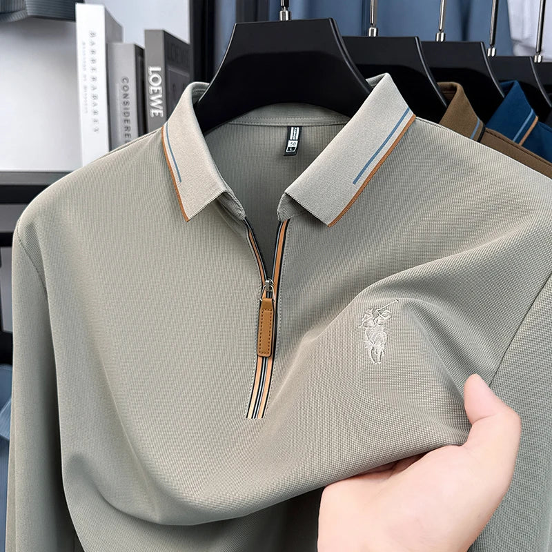 Men's Cotton Long Sleeved T-shirt with Collar Polo Shirt High-end Embroidered Top Autumn Loose Base Shirt