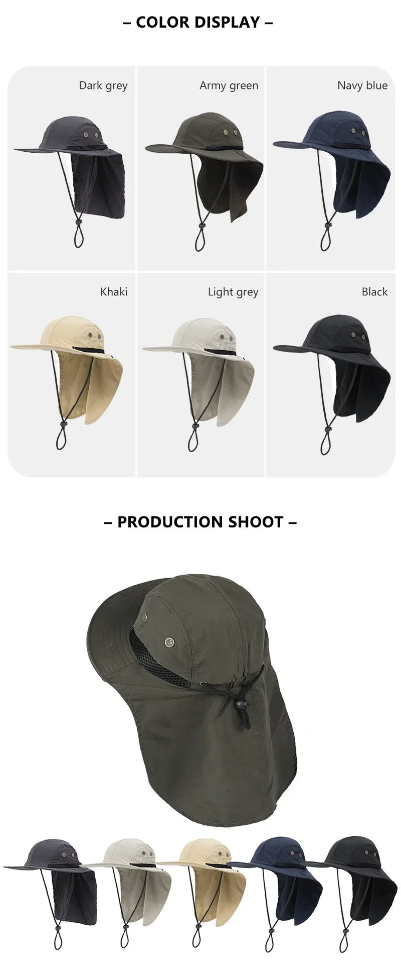Unisex Sun Hiking Bucket Hat Wide Brim Safari Hats UV Sun Protection Cap with Neck Flap Fishing Adventuring Gardening Beach Caps