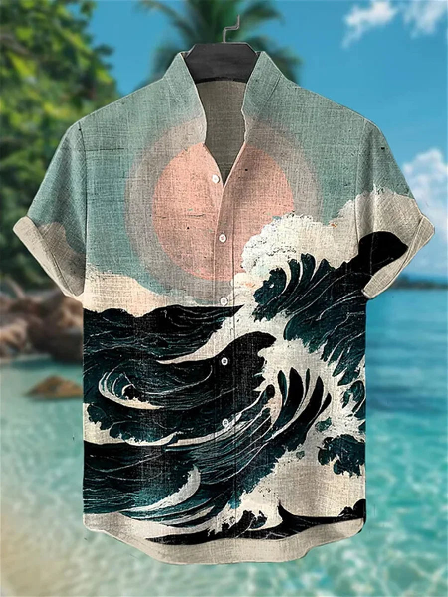 Men's short-sleeved shirt, samurai ink painting print, loose and breathable casual top, trendy retro design Hawaiian shirt.