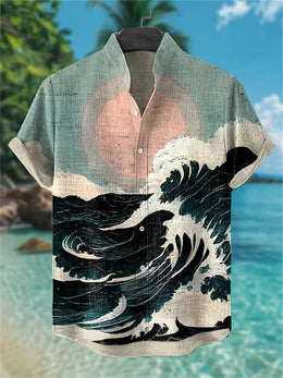 Men's short-sleeved shirt, samurai ink painting print, loose and breathable casual top, trendy retro design Hawaiian shirt.