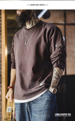 Maden Men's V-Neck T-Shirt Long Sleeve Pullover Solid Color Casual Basic Base Layer For Spring Autumn Soft Breathable Top