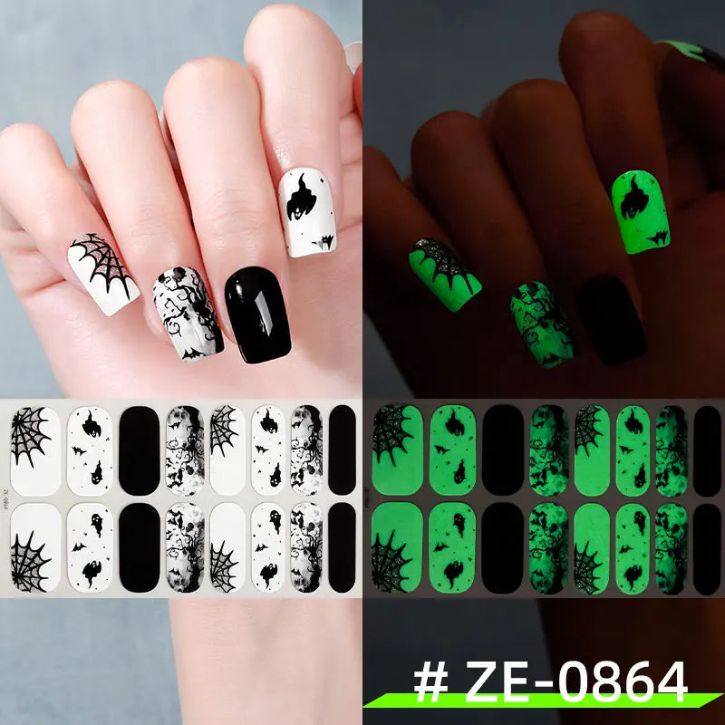 16tips Halloween Full Cover Nail Polish Strips Ghost Spider Pumpkin Black Cat Adhesive Nail Wraps Manicure Decor Nail Sticker