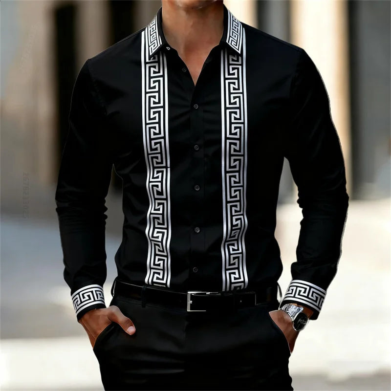 Men's Retro Geometric Print Shirt, Stylish Long-Sleeve Black Shirt, Business Casual Men's Top, Multiple Colors Available, XS-6XL