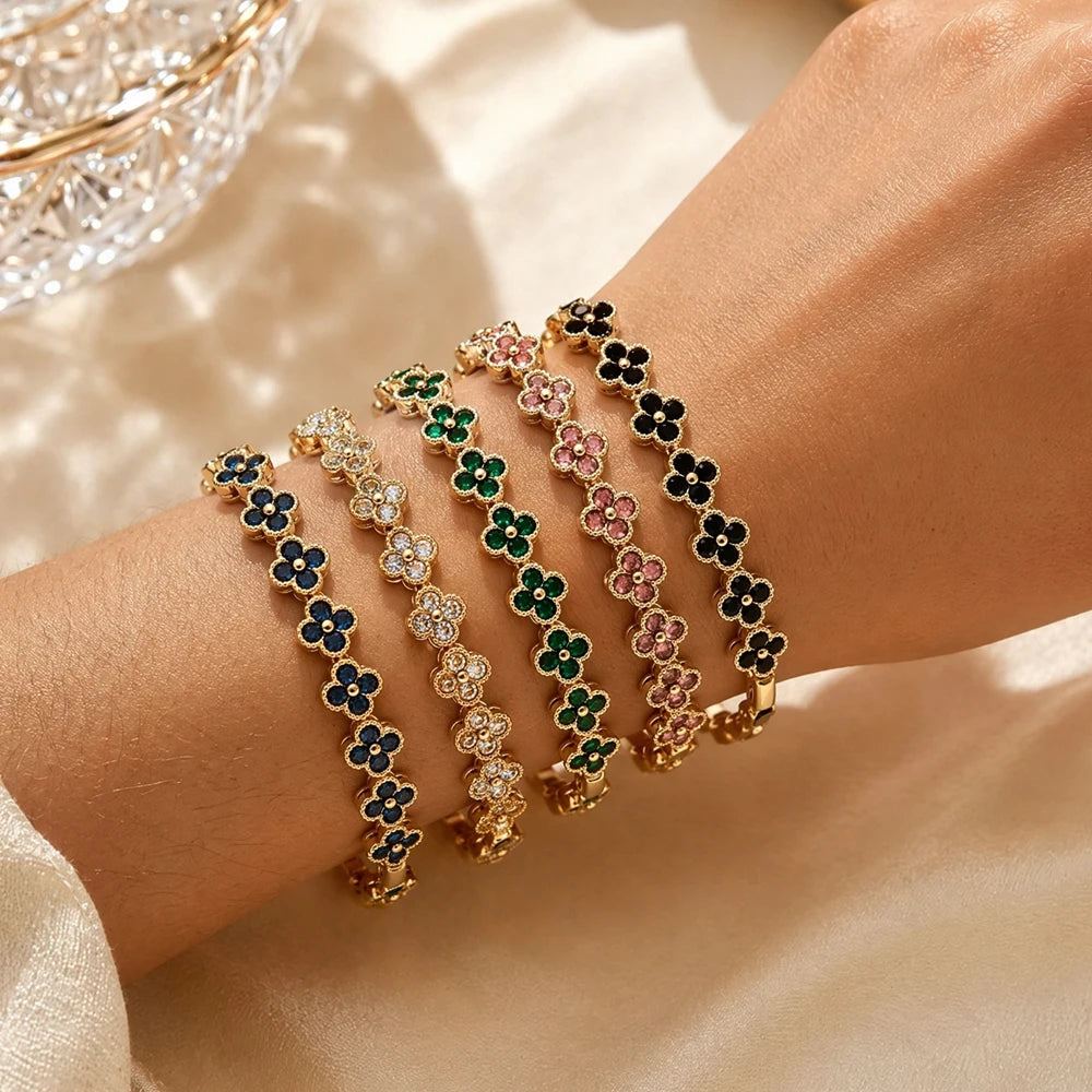 Colorful Zircon Lucky Four-Leaf Flower Bracelet for Women Flower CZ Stone Gold Plated Tennis Bracelet Fragrance Jewelry