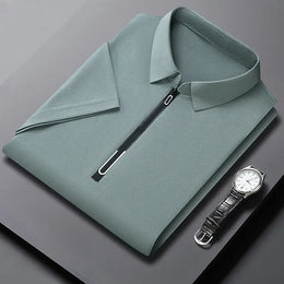 New Men's Business Casual Zipper Short Sleeve Solid Color Polo Shirt Fashionable Warm Comfortable Four Seasons Versatile Top