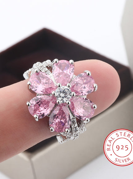 KissIcon Zircon Ring Pink Flower Peach 925 - Elegant Bloom
