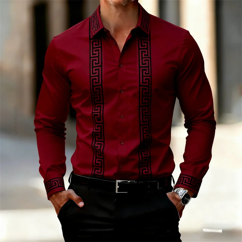 Men's Retro Geometric Print Shirt, Stylish Long-Sleeve Black Shirt, Business Casual Men's Top, Multiple Colors Available, XS-6XL