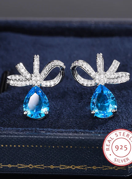 KissIcon Exquisite Blue Zircon Bow Earrings Silver Plated