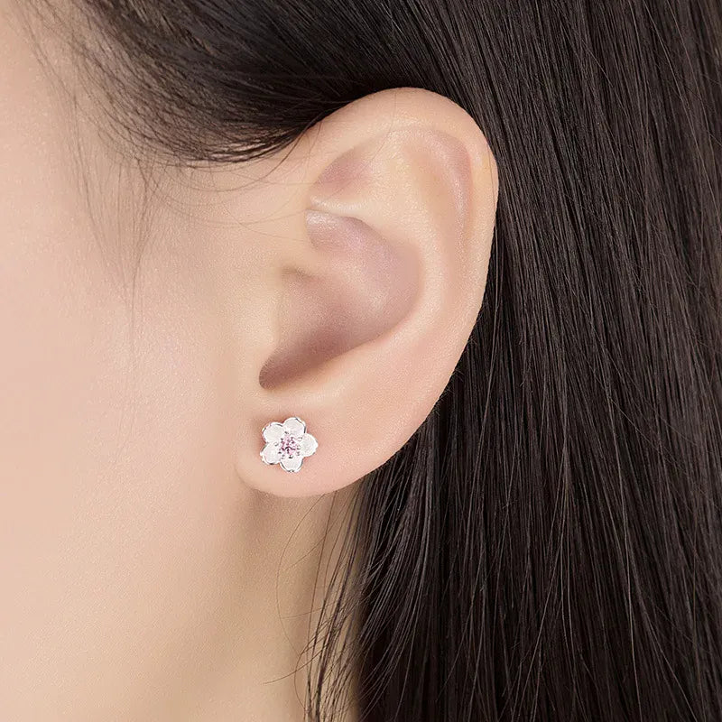 KissICON 925 Sterling Silver Pink Purple Zircon Flower Small Stud Earrings Piercing Luxury Jewelry For Woman Wholesale Prevent Allergies
