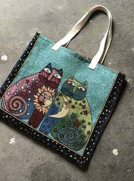 Cute Cat Pattern Wide Horizontal Canvas Tote