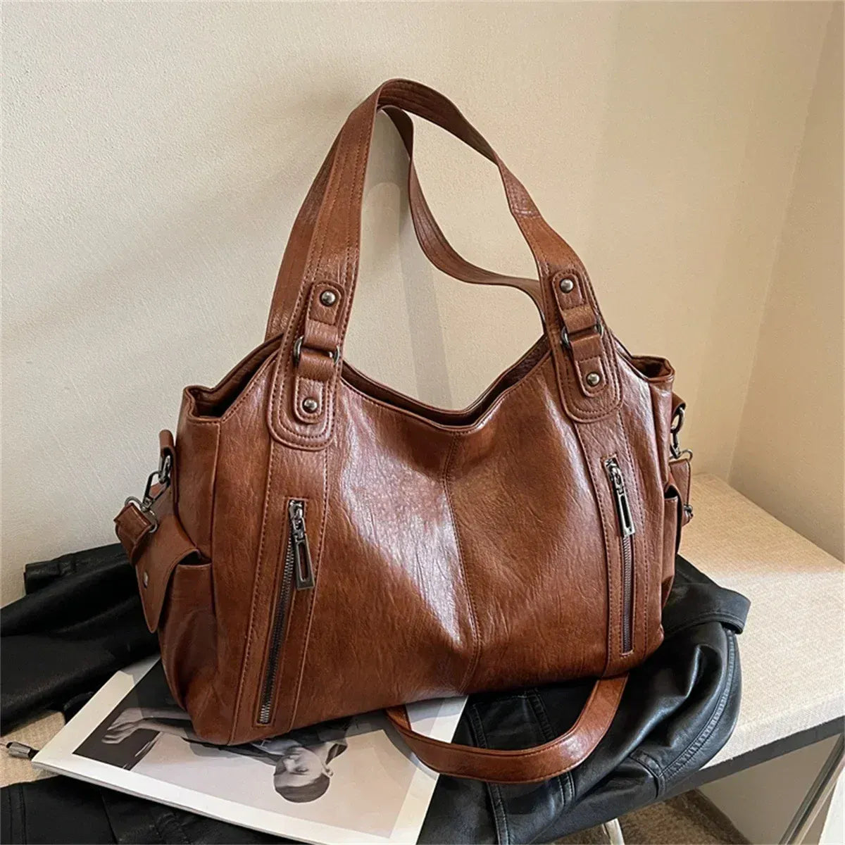 Dropshipman Brown-A-40x25x15cm Soft Interior Compartment Shoulder Bags 2025 High Quality Contrasting Colors Bags for Women Fashion Zipper Pu Women's Handbags