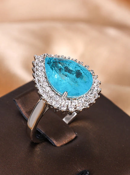 Geometric Shape 925 Silver Blue White Zircon Ring Light Luxury Fashion Open Ring To Attend High-end Banquet Party Jewelry