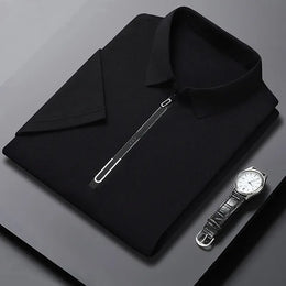 New Men's Business Casual Zipper Short Sleeve Solid Color Polo Shirt Fashionable Warm Comfortable Four Seasons Versatile Top