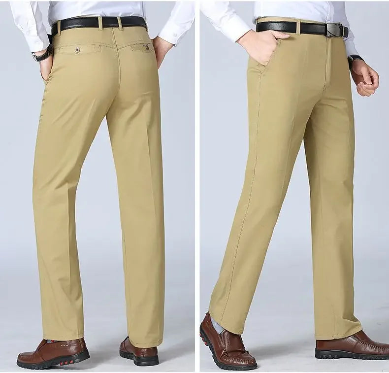 Mens 100% Cotton Summer Thin Autumn Thick Trousers Fashion Brand Cargo Pants Smart Casual Solid Khaki Black Suit Pant GOZBKF