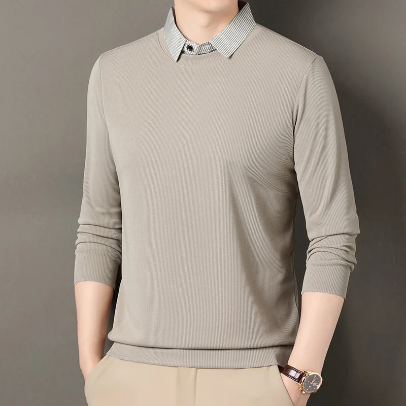 2026 New Men's Fake Two Piece Polo Shirt Casual Fashion Long Sleeve Collar T-shirt Versatile Top