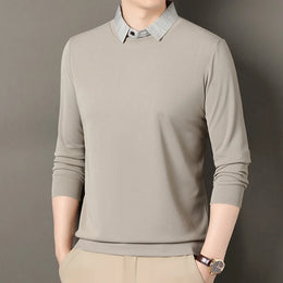 2026 New Men's Fake Two Piece Polo Shirt Casual Fashion Long Sleeve Collar T-shirt Versatile Top