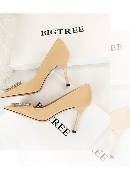 Fashion Women High Heels Metal Rhinestone Buckle Square