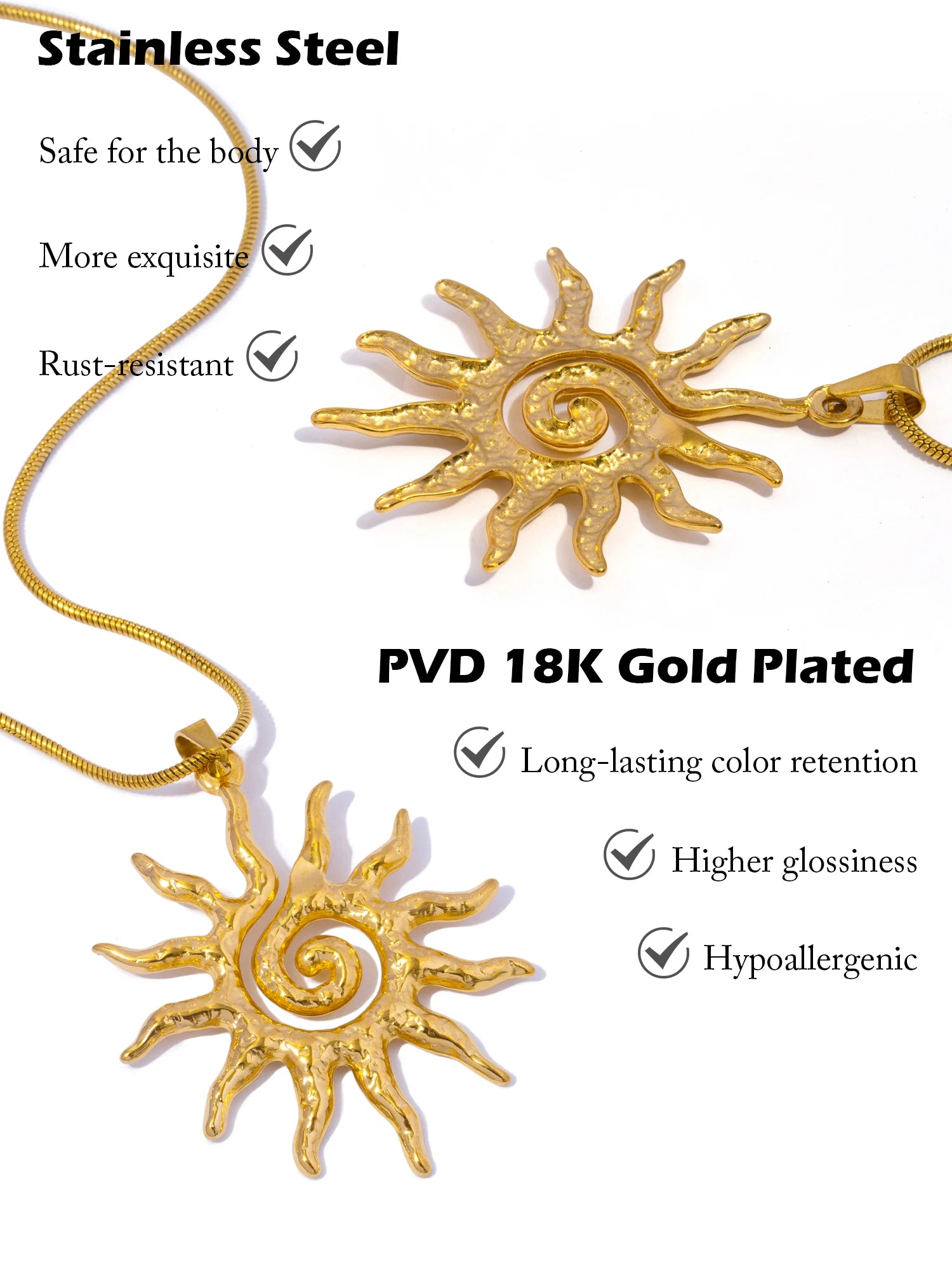Spiral Sun Pendant Necklace for Women - 18K Gold Plated Hypoallergenic Stainless Steel, Daily Wear & Boho Gift Ideas Jewelry